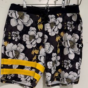 Hurley Black and Yellow Floral Swim Shorts